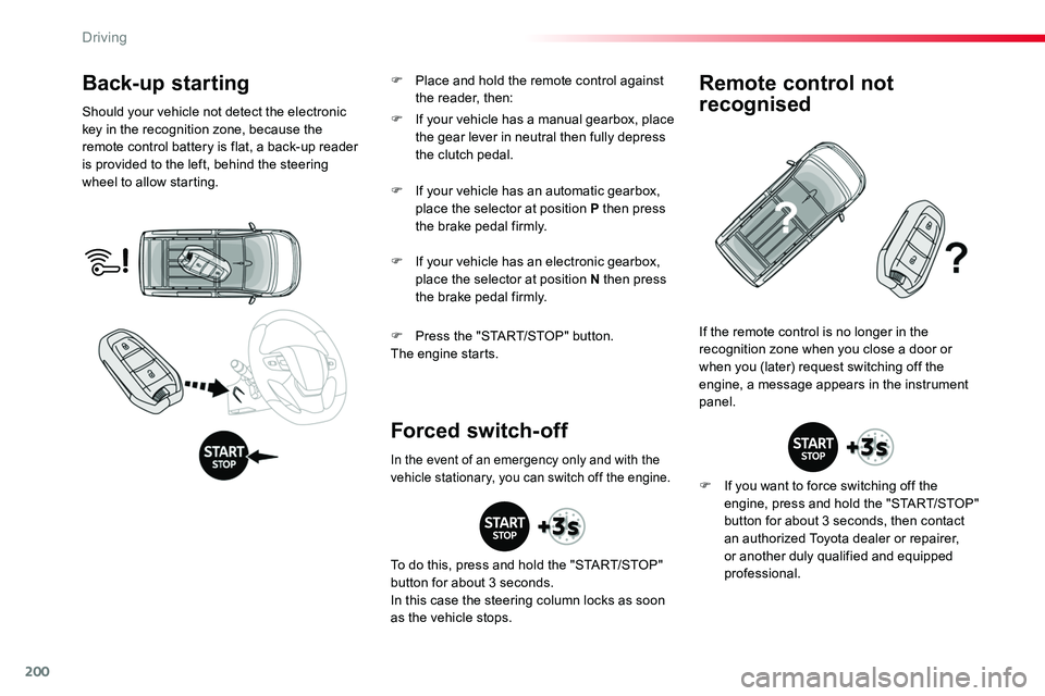 TOYOTA PROACE VERSO 2018 Owners Manual 200
Back-up starting
Should your vehicle not detect the electronic key in the recognition zone, because the remote control battery is flat, a back-up reader is provided to the left, behind the steerin TOYOTA PROACE VERSO 2018 Owners Manual 200
Back-up starting
Should your vehicle not detect the electronic key in the recognition zone, because the remote control battery is flat, a back-up reader is provided to the left, behind the steerin