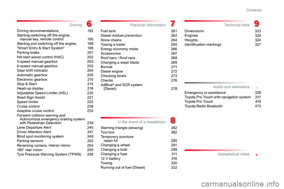 TOYOTA PROACE VERSO 2018  Owners Manual .
.
Driving recommendations 192Starting-switching off the engine,  manual key, remote control  195Starting and switching off the engine,  198"Smart Entry & Start System" 198Parking brake  201H