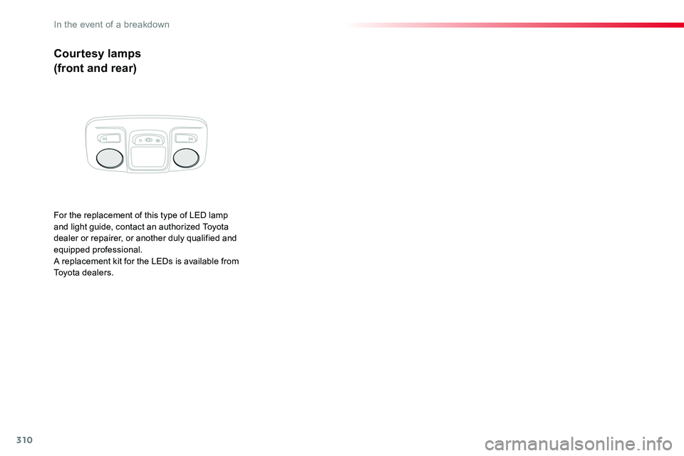 TOYOTA PROACE VERSO 2018  Owners Manual 310
Courtesy lamps
(front and rear)
For the replacement of this type of LED lamp and light guide, contact an authorized Toyota dealer or repairer, or another duly qualified and equipped professional.A