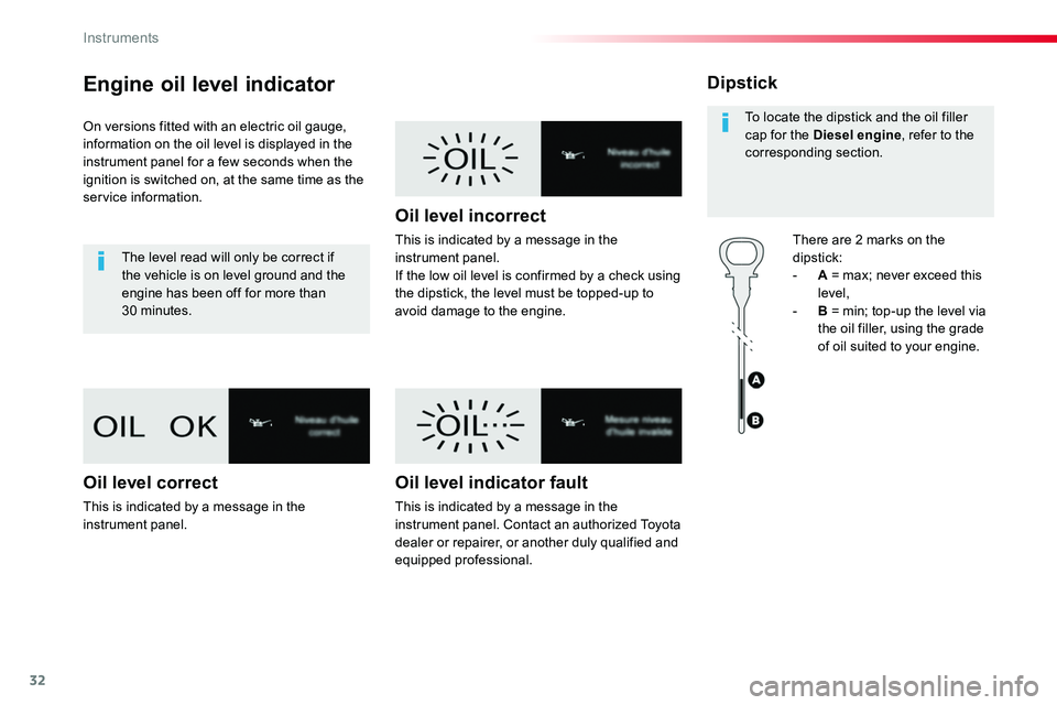 TOYOTA PROACE VERSO 2018 Owners Guide 32
Engine oil level indicator
On versions fitted with an electric oil gauge, information on the oil level is displayed in the instrument panel for a few seconds when the ignition is switched on, at th TOYOTA PROACE VERSO 2018 Owners Guide 32
Engine oil level indicator
On versions fitted with an electric oil gauge, information on the oil level is displayed in the instrument panel for a few seconds when the ignition is switched on, at th