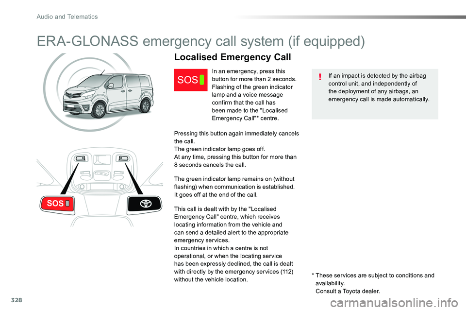TOYOTA PROACE VERSO 2018  Owners Manual 328
ERA-GLONASS emergency call system (if equipped)
If an impact is detected by the airbag control unit, and independently of the deployment of any airbags, an emergency call is made automatically.
Lo