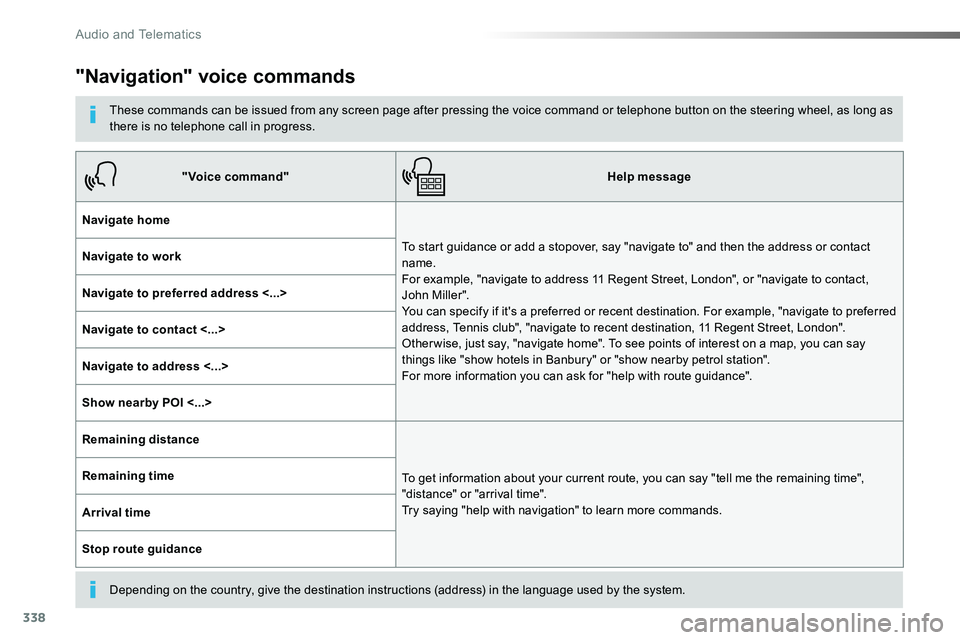 TOYOTA PROACE VERSO 2018  Owners Manual 338
"Navigation" voice commands
These commands can be issued from any screen page after pressing the voice command or telephone button on the steering wheel, as long as there is no telephone c
