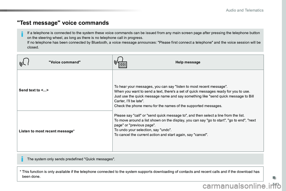 TOYOTA PROACE VERSO 2018  Owners Manual 341
"Voice command"Help message
Send text to <...>To hear your messages, you can say "listen to most recent message".  When you want to send a text, there's a set of quick messages