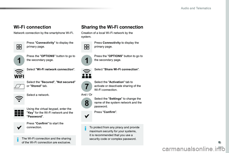 TOYOTA PROACE VERSO 2018 Owners Manual 371
11
7
8
Wi-Fi connectionSharing the Wi-Fi connection
To protect from any piracy and provide maximum security for your systems, it is recommended that you use a security code or complex password.The TOYOTA PROACE VERSO 2018 Owners Manual 371
11
7
8
Wi-Fi connectionSharing the Wi-Fi connection
To protect from any piracy and provide maximum security for your systems, it is recommended that you use a security code or complex password.The