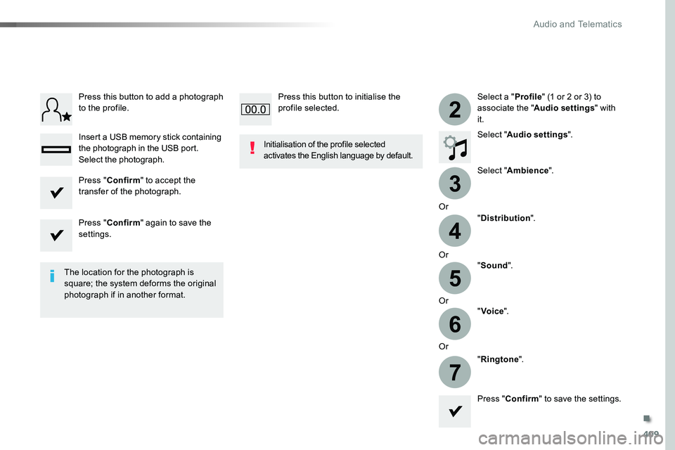 TOYOTA PROACE VERSO 2018  Owners Manual 409
3
2
4
5
6
7
Select a "Profile" (1 or 2 or 3) to associate the "Audio settings" with it.
Select "Audio settings".
Select "Ambience".
Or
"Distribution".
Or