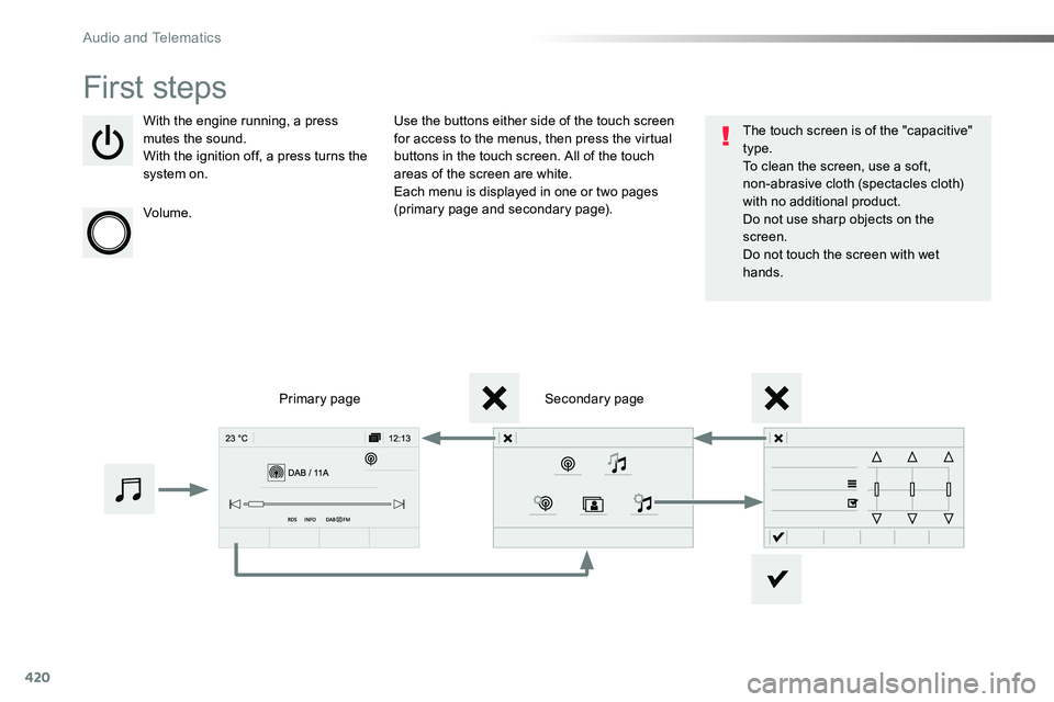 TOYOTA PROACE VERSO 2018 Owners Manual 420
First steps
With the engine running, a press mutes the sound.With the ignition off, a press turns the system on.
Volume.
Use the buttons either side of the touch screen for access to the menus, th TOYOTA PROACE VERSO 2018 Owners Manual 420
First steps
With the engine running, a press mutes the sound.With the ignition off, a press turns the system on.
Volume.
Use the buttons either side of the touch screen for access to the menus, th
