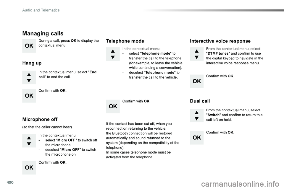 TOYOTA PROACE VERSO 2018 Owners Manual 490
During a call, press OK to display the contextual menu.
In the contextual menu, select "End call" to end the call.
Managing calls
Hang up
(so that the caller cannot hear)
In the contextual TOYOTA PROACE VERSO 2018 Owners Manual 490
During a call, press OK to display the contextual menu.
In the contextual menu, select "End call" to end the call.
Managing calls
Hang up
(so that the caller cannot hear)
In the contextual