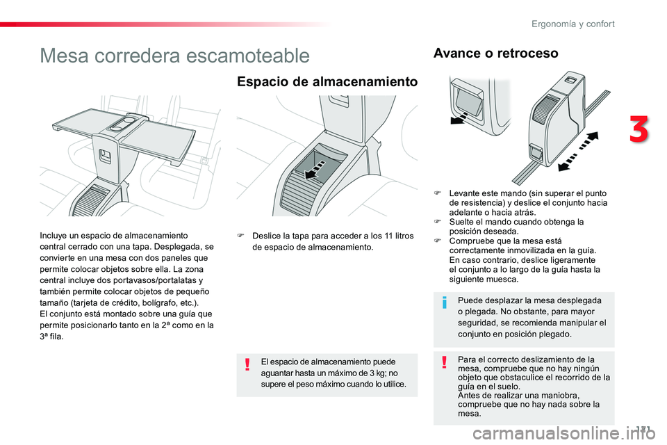 TOYOTA PROACE VERSO 2018  Manuale de Empleo (in Spanish) 121
ProaceVerso_es_Chap03_ergonomie-et-confort_ed01-2016
Mesa corredera escamoteable
Espacio de almacenamiento
Para el correcto deslizamiento de la mesa, compruebe que no hay ningún objeto que obstac