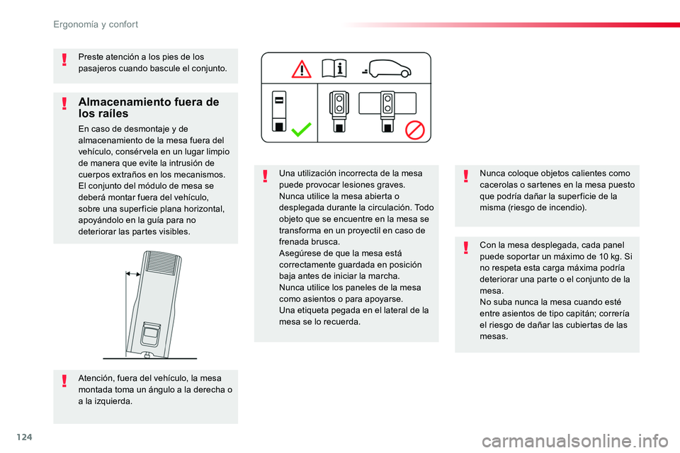 TOYOTA PROACE VERSO 2018  Manuale de Empleo (in Spanish) 124
ProaceVerso_es_Chap03_ergonomie-et-confort_ed01-2016
Preste atención a los pies de los pasajeros cuando bascule el conjunto.
Una utilización incorrecta de la mesa puede provocar lesiones graves.