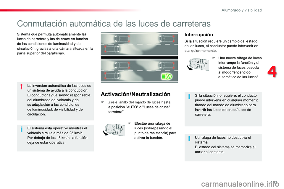 TOYOTA PROACE VERSO 2018  Manuale de Empleo (in Spanish) 151
ProaceVerso_es_Chap04_eclairage-et-visibilite_ed01-2016
Conmutación automática de las luces de carreteras
Sistema que permuta automáticamente las luces de carretera y las de cruce en función d