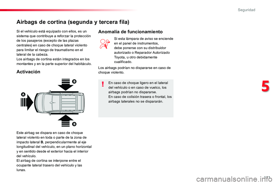 TOYOTA PROACE VERSO 2018  Manuale de Empleo (in Spanish) 171
ProaceVerso_es_Chap05_securite_ed01-2016
Si el vehículo está equipado con ellos, es un sistema que contribuye a reforzar la protección de los pasajeros (excepto de las plazas centrales) en caso