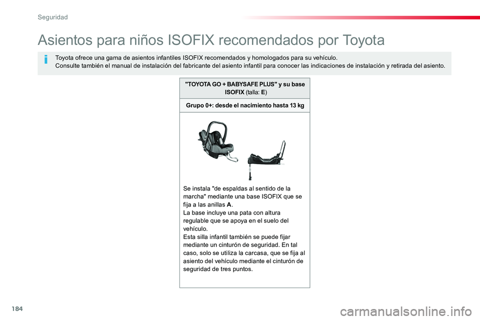 TOYOTA PROACE VERSO 2018  Manuale de Empleo (in Spanish) 184
ProaceVerso_es_Chap05_securite_ed01-2016
Asientos para niños ISOFIX recomendados por Toyota
Toyota ofrece una gama de asientos infantiles ISOFIX recomendados y homologados para su vehículo.Consu