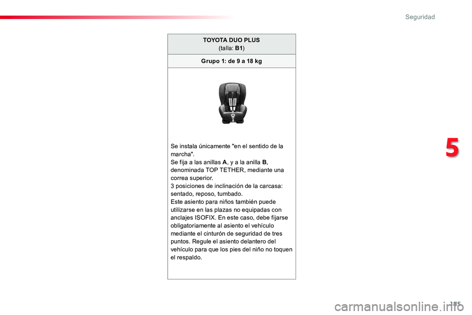TOYOTA PROACE VERSO 2018  Manuale de Empleo (in Spanish) 185
ProaceVerso_es_Chap05_securite_ed01-2016
TOYOTA DUO PLUS(talla: B1)
Grupo 1: de 9 a 18 kg
Se instala únicamente "en el sentido de la marcha".Se fija a las anillas A, y a la anilla B, deno