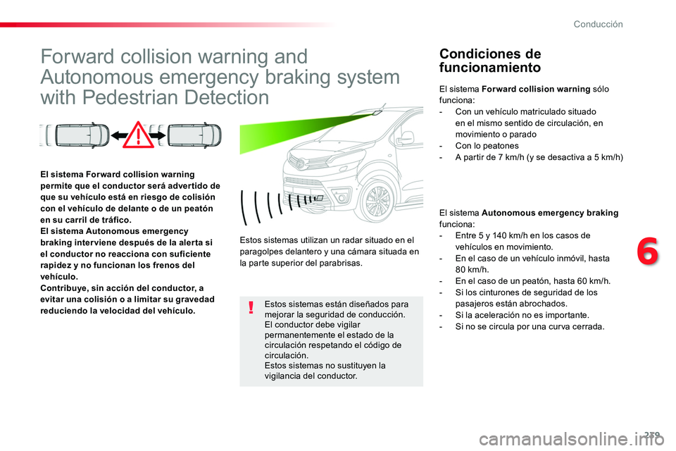 TOYOTA PROACE VERSO 2018 Manuale de Empleo (in Spanish) 239
ProaceVerso_es_Chap06_conduite_ed01-2016
Forward collision warning and
Autonomous emergency braking system
with Pedestrian Detection
Condiciones de
funcionamiento
El sistema Autonomous emergenc TOYOTA PROACE VERSO 2018 Manuale de Empleo (in Spanish) 239
ProaceVerso_es_Chap06_conduite_ed01-2016
Forward collision warning and
Autonomous emergency braking system
with Pedestrian Detection
Condiciones de
funcionamiento
El sistema Autonomous emergenc
