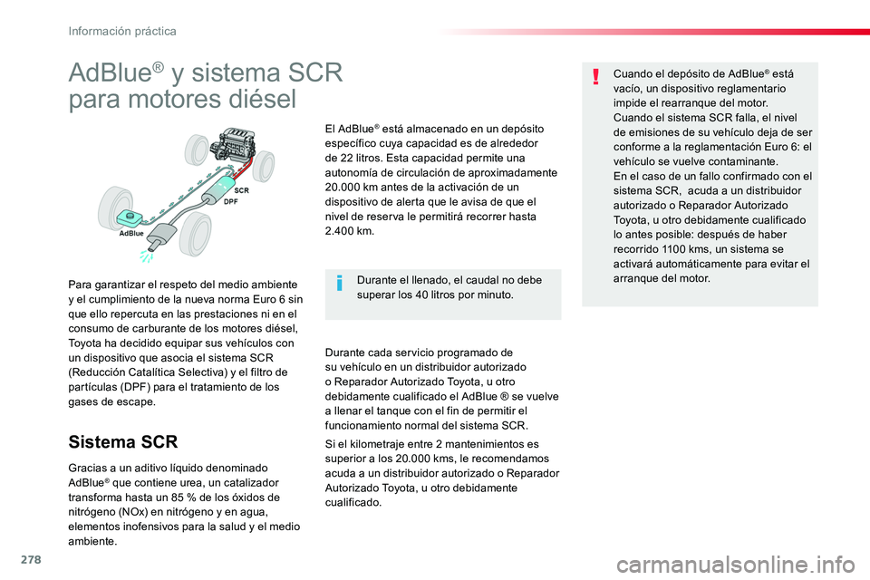 TOYOTA PROACE VERSO 2018 Manuale de Empleo (in Spanish) 278
ProaceVerso_es_Chap07_info-pratiques_ed01-2016
AdBlue® y sistema SCR
para motores diésel
Para garantizar el respeto del medio ambiente y el cumplimiento de la nueva norma Euro 6 sin que ello rep TOYOTA PROACE VERSO 2018 Manuale de Empleo (in Spanish) 278
ProaceVerso_es_Chap07_info-pratiques_ed01-2016
AdBlue® y sistema SCR
para motores diésel
Para garantizar el respeto del medio ambiente y el cumplimiento de la nueva norma Euro 6 sin que ello rep