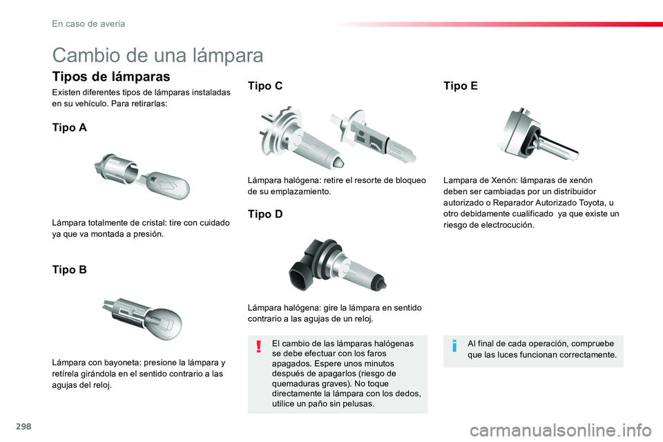 TOYOTA PROACE VERSO 2018 Manuale de Empleo (in Spanish) 298
ProaceVerso_es_Chap08_En-cas-de-panne_ed01-2016
Cambio de una lámpara
Lámpara halógena: gire la lámpara en sentido contrario a las agujas de un reloj.
Tipo A
Lámpara con bayoneta: presione la TOYOTA PROACE VERSO 2018 Manuale de Empleo (in Spanish) 298
ProaceVerso_es_Chap08_En-cas-de-panne_ed01-2016
Cambio de una lámpara
Lámpara halógena: gire la lámpara en sentido contrario a las agujas de un reloj.
Tipo A
Lámpara con bayoneta: presione la