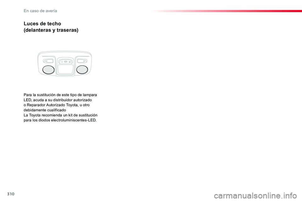 TOYOTA PROACE VERSO 2018 Manuale de Empleo (in Spanish) 310
ProaceVerso_es_Chap08_En-cas-de-panne_ed01-2016
Luces de techo
(delanteras y traseras)
Para la sustitución de este tipo de lampara LED, acuda a su distribuidor autorizado o Reparador Autorizado T TOYOTA PROACE VERSO 2018 Manuale de Empleo (in Spanish) 310
ProaceVerso_es_Chap08_En-cas-de-panne_ed01-2016
Luces de techo
(delanteras y traseras)
Para la sustitución de este tipo de lampara LED, acuda a su distribuidor autorizado o Reparador Autorizado T