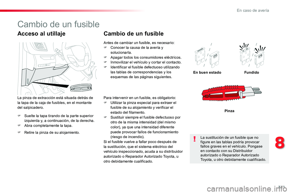 TOYOTA PROACE VERSO 2018 Manuale de Empleo (in Spanish) 311
ProaceVerso_es_Chap08_En-cas-de-panne_ed01-2016
F Suelte la tapa tirando de la parte superior izquierda y, a continuación, de la derecha.F Abra completamente la tapa.
En buen estadoFundido
Pinza
TOYOTA PROACE VERSO 2018 Manuale de Empleo (in Spanish) 311
ProaceVerso_es_Chap08_En-cas-de-panne_ed01-2016
F Suelte la tapa tirando de la parte superior izquierda y, a continuación, de la derecha.F Abra completamente la tapa.
En buen estadoFundido
Pinza