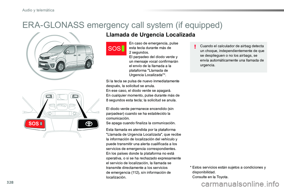 TOYOTA PROACE VERSO 2018 Manuale de Empleo (in Spanish) 328
ProaceVerso_es_Chap10a_BTA_ed01-2016
ERA-GLONASS emergency call system (if equipped)
Cuando el calculador de airbag detecta un choque, independientemente de que se desplieguen o no los airbags, se TOYOTA PROACE VERSO 2018 Manuale de Empleo (in Spanish) 328
ProaceVerso_es_Chap10a_BTA_ed01-2016
ERA-GLONASS emergency call system (if equipped)
Cuando el calculador de airbag detecta un choque, independientemente de que se desplieguen o no los airbags, se