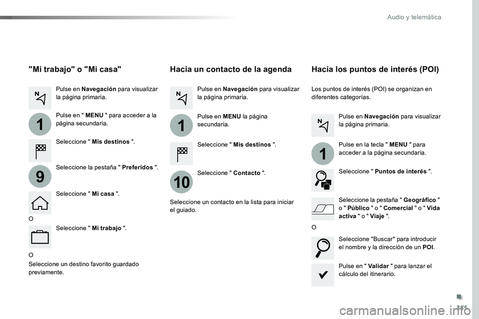 TOYOTA PROACE VERSO 2018  Manuale de Empleo (in Spanish) 355
1
10
1
1
9
ProaceVerso_es_Chap10b_NAC-1_ed01-2016
O
Hacia un contacto de la agenda
Seleccione " Mis destinos ".
Seleccione " Contacto ".
Pulse en Navegación para visualizar la pá