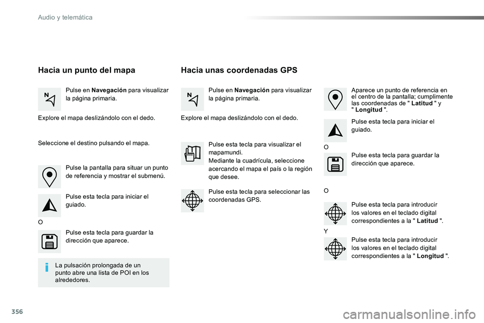 TOYOTA PROACE VERSO 2018  Manuale de Empleo (in Spanish) 356
ProaceVerso_es_Chap10b_NAC-1_ed01-2016
Hacia unas coordenadas GPSHacia un punto del mapa
Pulse en Navegación para visualizar la página primaria.Pulse en Navegación para visualizar la página pr