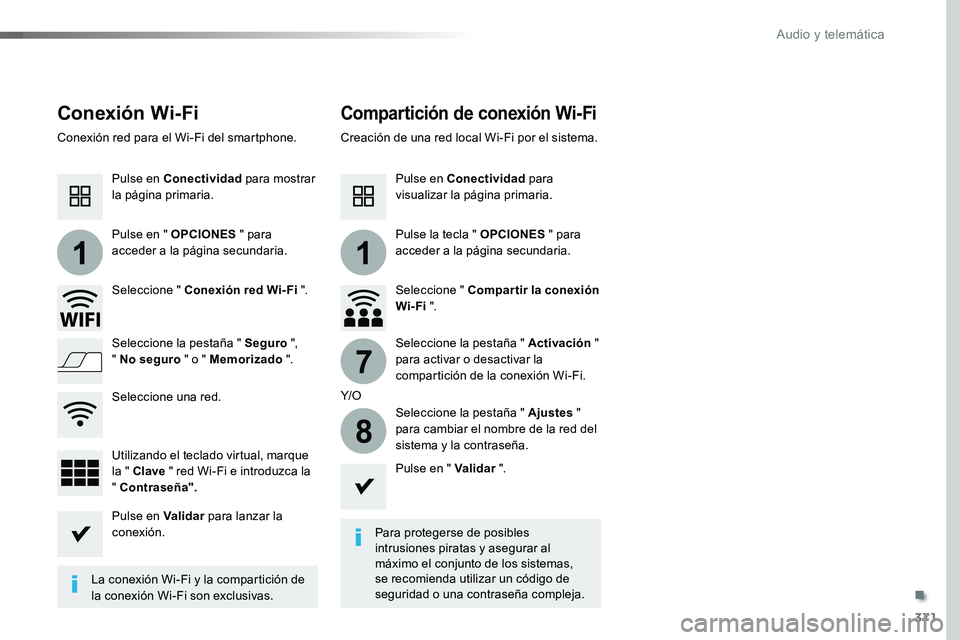 TOYOTA PROACE VERSO 2018  Manuale de Empleo (in Spanish) 371
11
7
8
ProaceVerso_es_Chap10b_NAC-1_ed01-2016
Conexión Wi-FiCompartición de conexión Wi-Fi
Para protegerse de posibles intrusiones piratas y asegurar al máximo el conjunto de los sistemas, se 