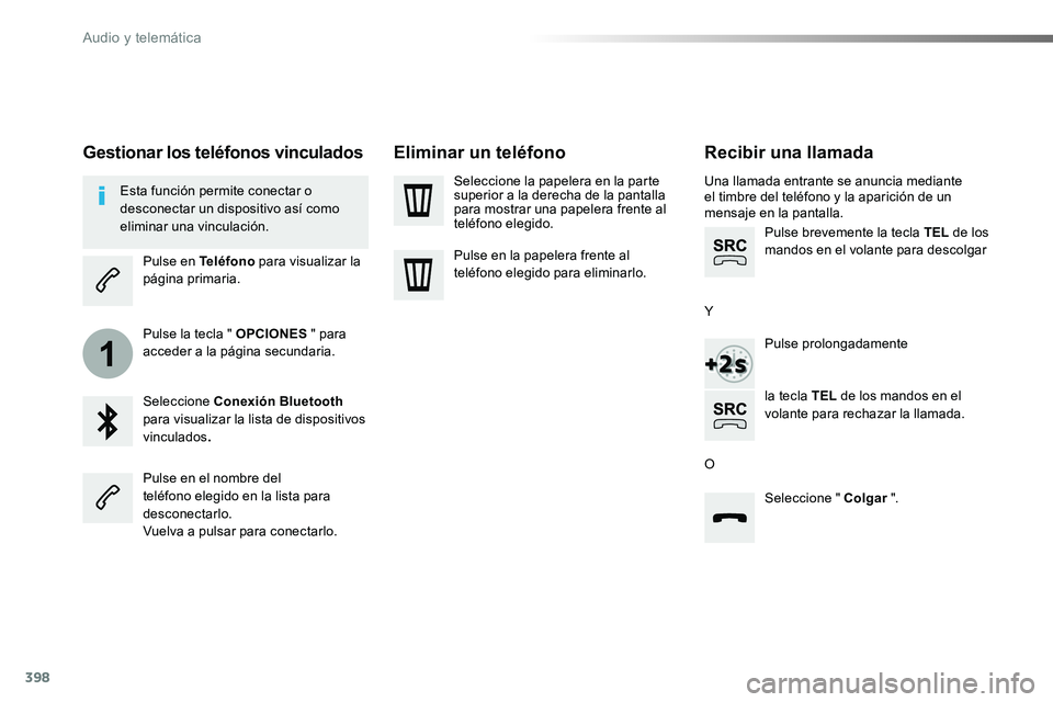 TOYOTA PROACE VERSO 2018  Manuale de Empleo (in Spanish) 398
1
ProaceVerso_es_Chap10b_NAC-1_ed01-2016
Recibir una llamada
Una llamada entrante se anuncia mediante el timbre del teléfono y la aparición de un mensaje en la pantalla.
Pulse brevemente la tecl