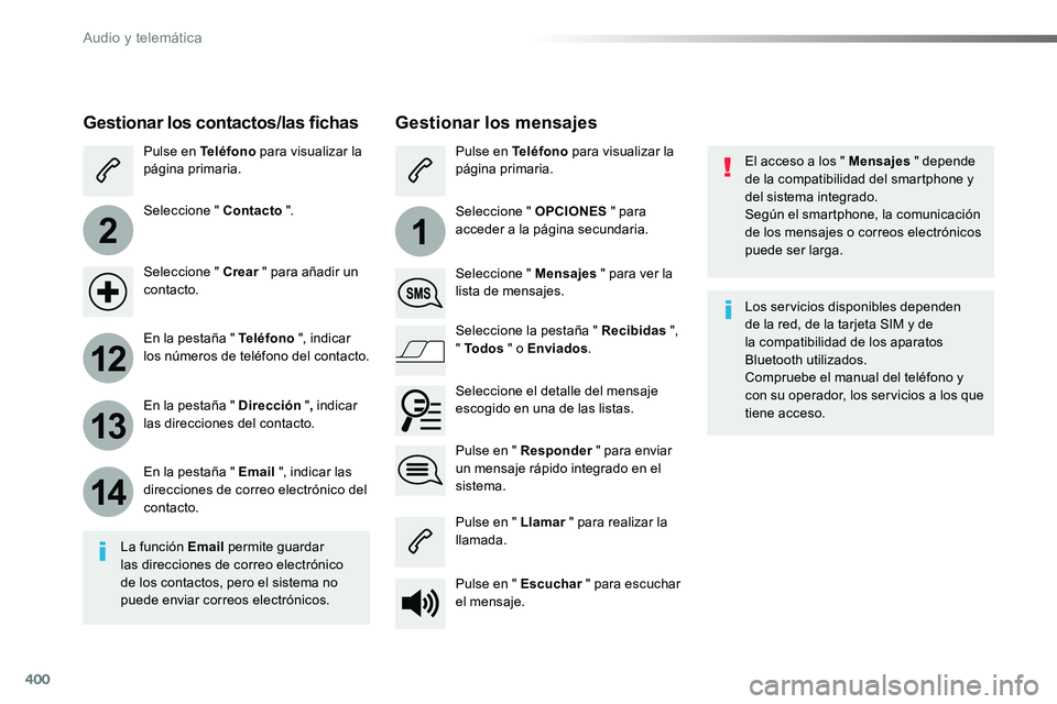 TOYOTA PROACE VERSO 2018  Manuale de Empleo (in Spanish) 400
2
12
13
14
1
ProaceVerso_es_Chap10b_NAC-1_ed01-2016
El acceso a los " Mensajes " depende de la compatibilidad del smartphone y del sistema integrado.Según el smartphone, la comunicación 