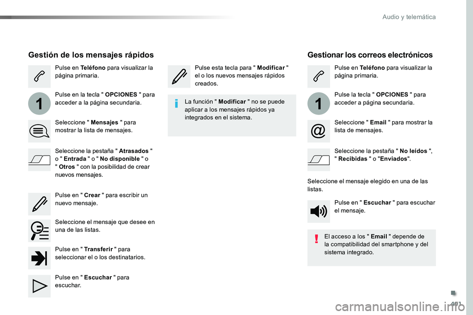 TOYOTA PROACE VERSO 2018 Manuale de Empleo (in Spanish) 401
11
ProaceVerso_es_Chap10b_NAC-1_ed01-2016
Gestionar los correos electrónicos
Pulse esta tecla para " Modificar " el o los nuevos mensajes rápidos creados.
Pulse en Teléfono para visual TOYOTA PROACE VERSO 2018 Manuale de Empleo (in Spanish) 401
11
ProaceVerso_es_Chap10b_NAC-1_ed01-2016
Gestionar los correos electrónicos
Pulse esta tecla para " Modificar " el o los nuevos mensajes rápidos creados.
Pulse en Teléfono para visual