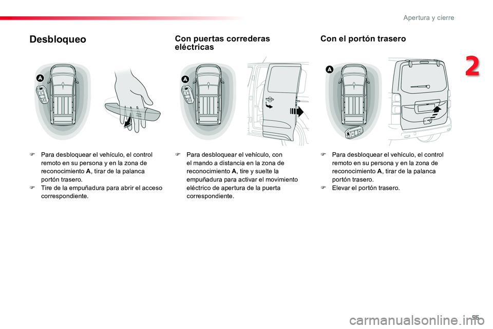 TOYOTA PROACE VERSO 2018 Manuale de Empleo (in Spanish) 55
ProaceVerso_es_Chap02_ouvertures_ed01-2016
Desbloqueo
F Para desbloquear el vehículo, el control remoto en su persona y en la zona de reconocimiento A, tirar de la palanca portón trasero.F Tire d TOYOTA PROACE VERSO 2018 Manuale de Empleo (in Spanish) 55
ProaceVerso_es_Chap02_ouvertures_ed01-2016
Desbloqueo
F Para desbloquear el vehículo, el control remoto en su persona y en la zona de reconocimiento A, tirar de la palanca portón trasero.F Tire d