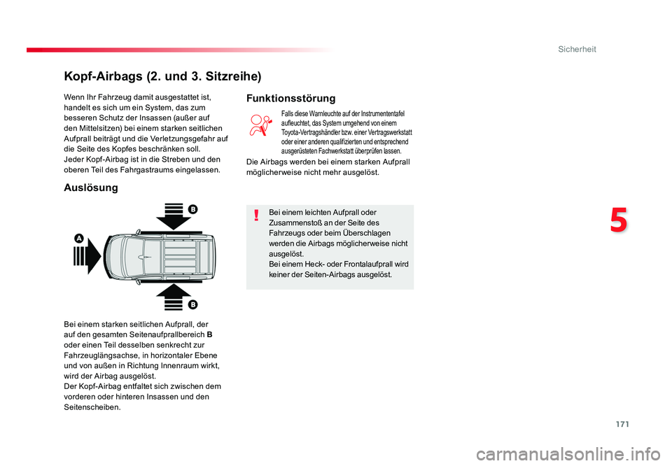 TOYOTA PROACE VERSO 2018  Betriebsanleitungen (in German) 171
5
Sicherheit
Proace_Verso_de_Chap05_securite_ed01-2016
Wenn Ihr Fahrzeug damit ausgestattet ist, 
handelt es sich um ein System, das zum 
besseren Schutz der Insassen (außer auf 
den Mittelsitzen