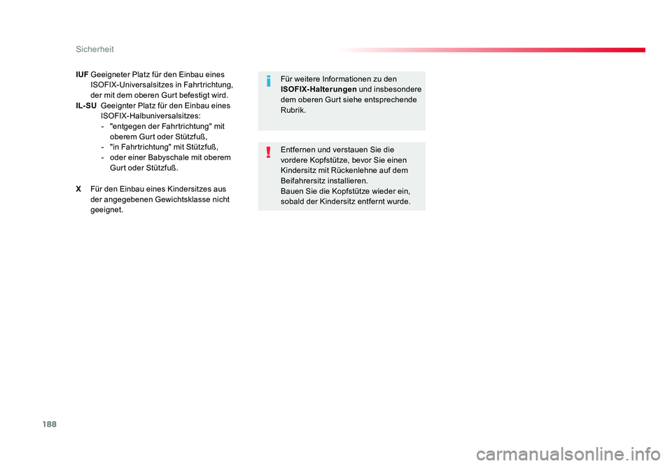 TOYOTA PROACE VERSO 2018  Betriebsanleitungen (in German) 188
Sicherheit
Proace_Verso_de_Chap05_securite_ed01-2016
IUF Geeigneter Platz für den Einbau eines 
ISOFIX-Universalsitzes in Fahrtrichtung, 
der mit dem oberen Gurt befestigt wird.
IL- SU   Geeignte