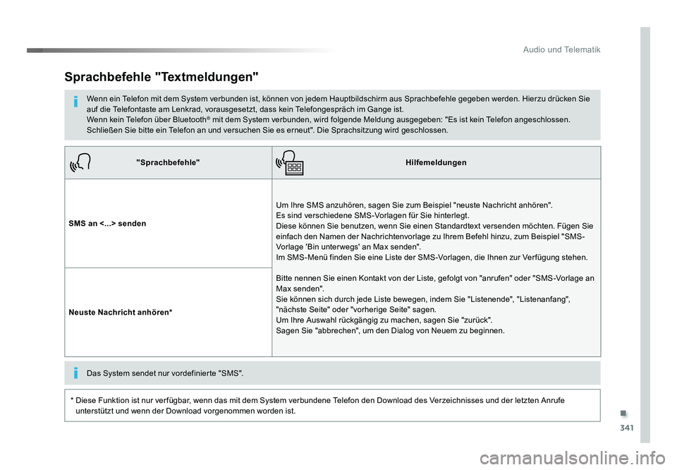 TOYOTA PROACE VERSO 2018  Betriebsanleitungen (in German) .
341
Audio und Telematik
Proace_Verso_de_Chap10b_NAC-1_ed01-2016
"Sprachbefehle"Hilfemeldungen
SMS an <...> senden Um Ihre SMS anzuhören, sagen Sie zum Beispiel "neuste Nachricht anhöre