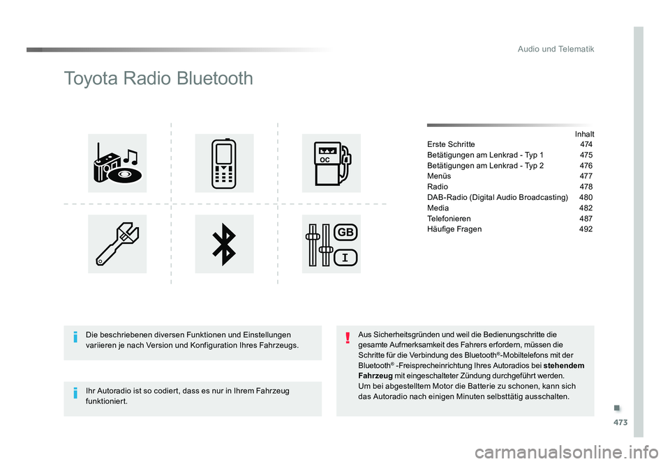 TOYOTA PROACE VERSO 2018  Betriebsanleitungen (in German) .
473
Audio und Telematik
Proace_Verso_de_Chap10d_RD6_ed01-2016
Toyota Radio Bluetooth
Inhalt
Erste Schritte   474
Betätigungen am Lenkrad - Typ 1  475
Betätigungen am Lenkrad - Typ 2  476
Menüs   