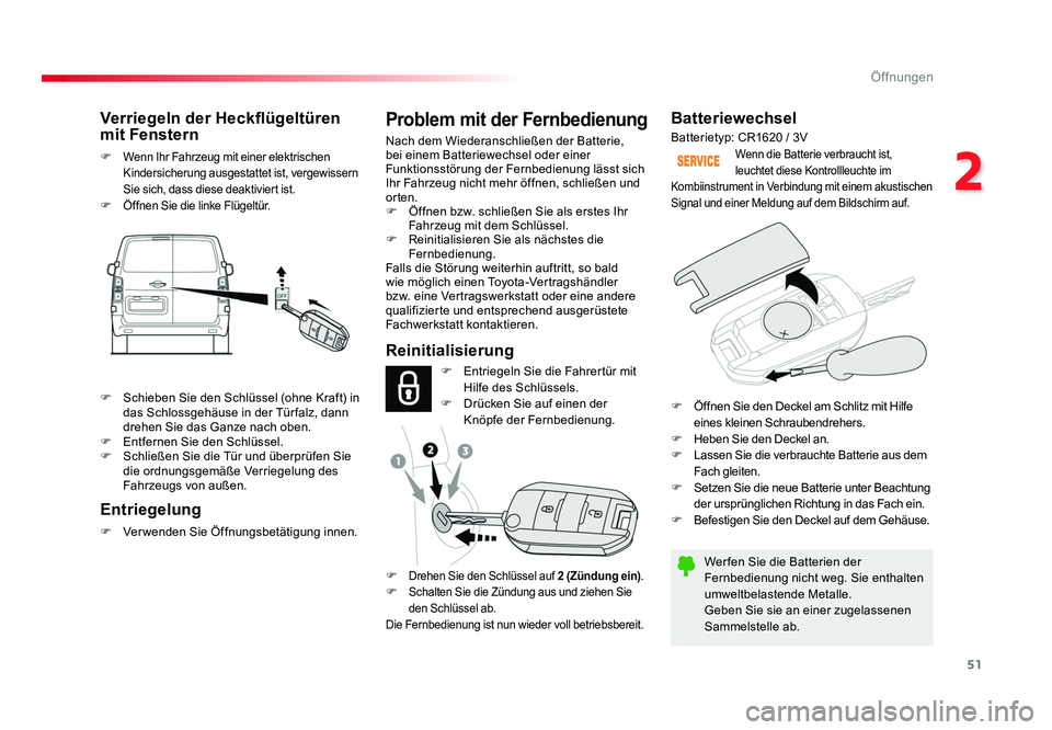 TOYOTA PROACE VERSO 2018 Betriebsanleitungen (in German) 51
2
Öffnungen
Proace_Verso_de_Chap02_ouvertures_ed01-2016
Batteriewechsel
Wer fen Sie die Batterien der
Fernbedienung nicht weg. Sie enthalten
umweltbelastende Metalle.
Geben Sie sie an einer zuge TOYOTA PROACE VERSO 2018 Betriebsanleitungen (in German) 51
2
Öffnungen
Proace_Verso_de_Chap02_ouvertures_ed01-2016
Batteriewechsel
Wer fen Sie die Batterien der
Fernbedienung nicht weg. Sie enthalten
umweltbelastende Metalle.
Geben Sie sie an einer zuge