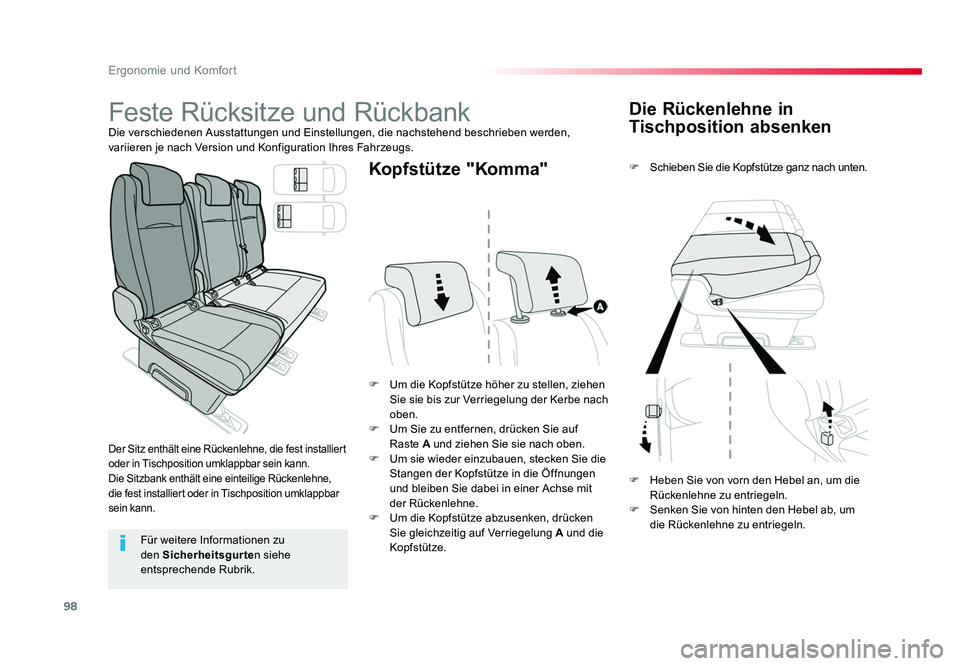 TOYOTA PROACE VERSO 2018 Betriebsanleitungen (in German) 98
Ergonomie und Komfort
Proace_Verso_de_Chap03_ergonomie-et-confort_ed01-2016
Die Rückenlehne in
Tischposition absenken
F Schieben Sie die Kopfstütze ganz nach unten.
F Um die Kopfstütze höher TOYOTA PROACE VERSO 2018 Betriebsanleitungen (in German) 98
Ergonomie und Komfort
Proace_Verso_de_Chap03_ergonomie-et-confort_ed01-2016
Die Rückenlehne in
Tischposition absenken
F Schieben Sie die Kopfstütze ganz nach unten.
F Um die Kopfstütze höher