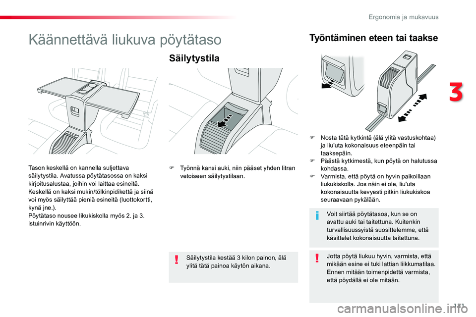 TOYOTA PROACE VERSO 2018  Omistajan Käsikirja (in Finnish) 121
ProaceVerso_fi_Chap03_ergonomie-et-confort_ed01-2016
Käännettävä liukuva pöytätaso
Säilytystila
Jotta pöytä liukuu hyvin, varmista, että mikään esine ei tuki lattian liikkumatilaa.Enne