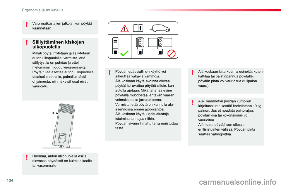 TOYOTA PROACE VERSO 2018  Omistajan Käsikirja (in Finnish) 124
ProaceVerso_fi_Chap03_ergonomie-et-confort_ed01-2016
Varo matkustajien jalkoja, kun pöytää käännetään.
Pöydän epäasiallinen käyttö voi aiheuttaa vakavia vammoja.Älä koskaan käytä a