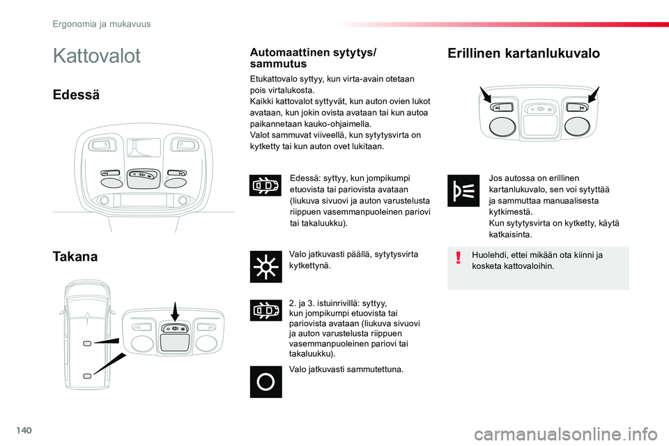 TOYOTA PROACE VERSO 2018  Omistajan Käsikirja (in Finnish) 140
ProaceVerso_fi_Chap03_ergonomie-et-confort_ed01-2016
Erillinen kartanlukuvalo
Ta k a n a
KattovalotAutomaattinen sytytys/sammutus
Etukattovalo syttyy, kun virta-avain otetaan pois virtalukosta.Kai