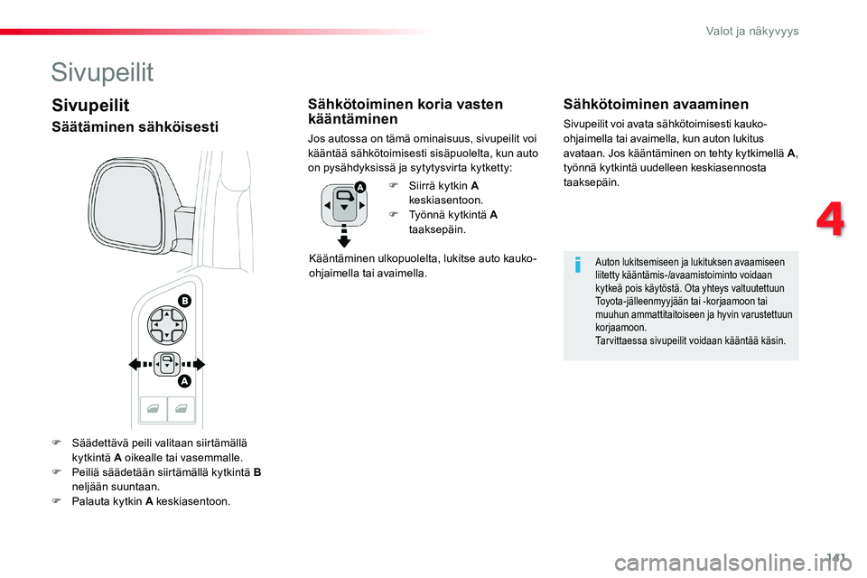 TOYOTA PROACE VERSO 2018 Omistajan Käsikirja (in Finnish) 141
ProaceVerso_fi_Chap04_eclairage-et-visibilite_ed01-2016
F Säädettävä peili valitaan siirtämällä kytkintä A oikealle tai vasemmalle.F Peiliä säädetään siirtämällä kytkintä B
neljà TOYOTA PROACE VERSO 2018 Omistajan Käsikirja (in Finnish) 141
ProaceVerso_fi_Chap04_eclairage-et-visibilite_ed01-2016
F Säädettävä peili valitaan siirtämällä kytkintä A oikealle tai vasemmalle.F Peiliä säädetään siirtämällä kytkintä B
neljÃ