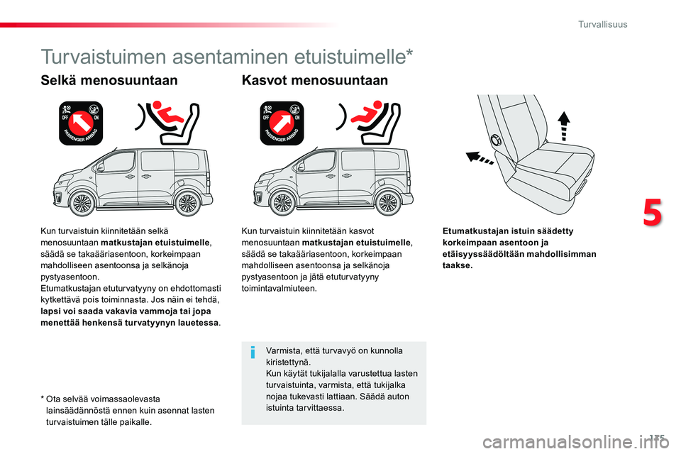 TOYOTA PROACE VERSO 2018  Omistajan Käsikirja (in Finnish) 175
ProaceVerso_fi_Chap05_securite_ed01-2016
Etumatkustajan istuin säädetty korkeimpaan asentoon ja etäisyyssäädöltään mahdollisimman taakse.
Selkä menosuuntaan
Turvaistuimen asentaminen etui
