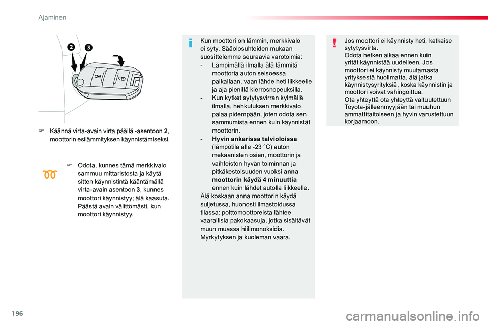 TOYOTA PROACE VERSO 2018 Omistajan Käsikirja (in Finnish) 196
ProaceVerso_fi_Chap06_conduite_ed01-2016
F Käännä virta-avain virta päällä -asentoon 2, moottorin esilämmityksen käynnistämiseksi.
F Odota, kunnes tämä merkkivalo sammuu mittaristosta j TOYOTA PROACE VERSO 2018 Omistajan Käsikirja (in Finnish) 196
ProaceVerso_fi_Chap06_conduite_ed01-2016
F Käännä virta-avain virta päällä -asentoon 2, moottorin esilämmityksen käynnistämiseksi.
F Odota, kunnes tämä merkkivalo sammuu mittaristosta j