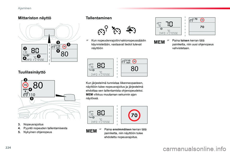 TOYOTA PROACE VERSO 2018  Omistajan Käsikirja (in Finnish) 224
MEM
MEM
ProaceVerso_fi_Chap06_conduite_ed01-2016
3. Nopeusrajoitus4. Pyyntö nopeuden tallentamisesta5.  Nykyinen ohjenopeus
Mittariston näyttö
Tuulilasinäyttö
Tallentaminen
F Kun nopeudenrajo