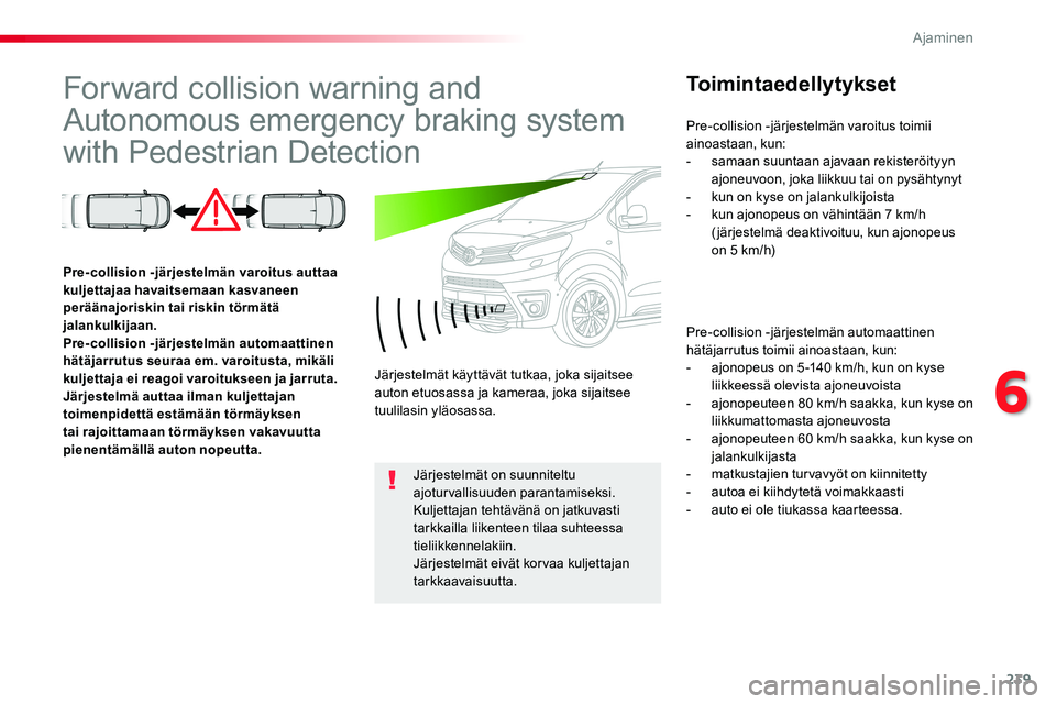 TOYOTA PROACE VERSO 2018  Omistajan Käsikirja (in Finnish) 239
ProaceVerso_fi_Chap06_conduite_ed01-2016
Forward collision warning and 
Autonomous emergency braking system 
with Pedestrian Detection
Toimintaedellytykset
Pre-collision -järjestelmän automaatti