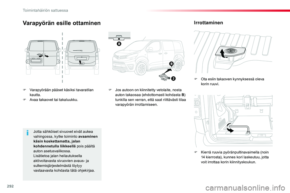 TOYOTA PROACE VERSO 2018  Omistajan Käsikirja (in Finnish) 292
ProaceVerso_fi_Chap08_En-cas-de-panne_ed01-2016
F Varapyörään pääset käsiksi tavaratilan kautta.F Avaa takaovet tai takaluukku.
F Ota esiin takaoven kynnyksessä oleva korin ruuvi.
F Kierrä
