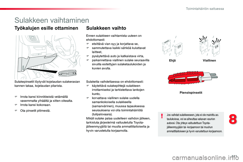 TOYOTA PROACE VERSO 2018  Omistajan Käsikirja (in Finnish) 311
ProaceVerso_fi_Chap08_En-cas-de-panne_ed01-2016
F Irrota kansi kiinnikkeistä vetämällä vasemmalta ylhäältä ja sitten oikealta.F Irrota kansi kokonaan.
EhjäViallinen
Pienoispinsetit
Työkal