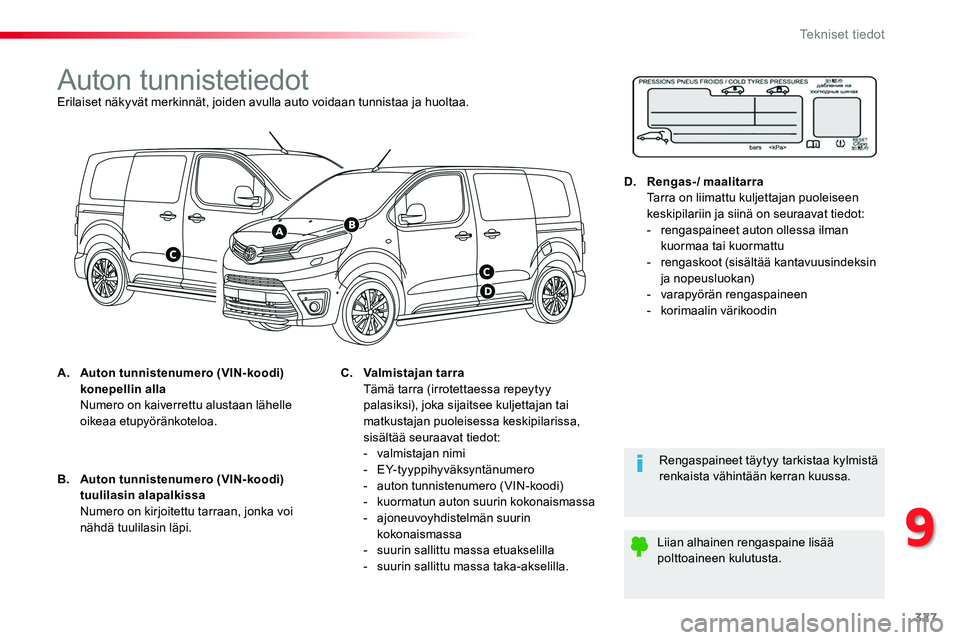 TOYOTA PROACE VERSO 2018  Omistajan Käsikirja (in Finnish) 327
ProaceVerso_fi_Chap09_caracteristiques-techniques_ed01-2016
Auton tunnistetiedotErilaiset näkyvät merkinnät, joiden avulla auto voidaan tunnistaa ja huoltaa.
A. Auton tunnistenumero (VIN-koodi)