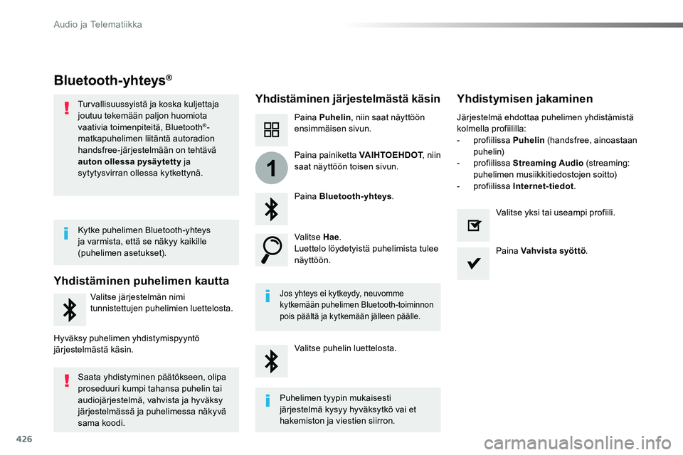 TOYOTA PROACE VERSO 2018  Omistajan Käsikirja (in Finnish) 426
1
ProaceVerso_fi_Chap10c_RCC-1_ed01-2016
Bluetooth-yhteys®
Yhdistäminen järjestelmästä käsinYhdistymisen jakaminen
Paina Puhelin, niin saat näyttöön ensimmäisen sivun.
Paina Bluetooth-yh