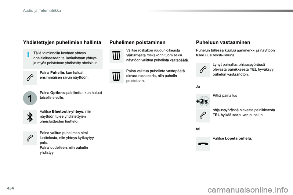 TOYOTA PROACE VERSO 2018  Omistajan Käsikirja (in Finnish) 454
1
ProaceVerso_fi_Chap10c_RCC-1_ed01-2016
Puheluun vastaaminen
Puhelun tullessa kuuluu äänimerkki ja näyttöön tulee uusi teksti-ikkuna.
Lyhyt painallus ohjauspyörässä olevasta painikkeesta 