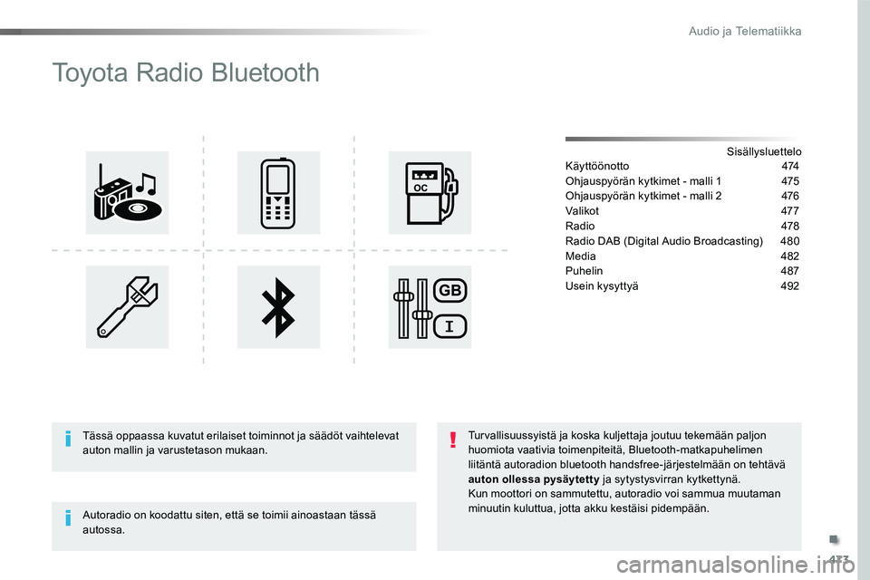 TOYOTA PROACE VERSO 2018  Omistajan Käsikirja (in Finnish) 473
ProaceVerso_fi_Chap10d_RD6_ed01-2016
Toyota Radio Bluetooth
SisällysluetteloKäyttöönotto  474
Ohjauspyörän kytkimet - malli 1  475
Ohjauspyörän kytkimet - malli 2 476
Valikot  477
Radio  4